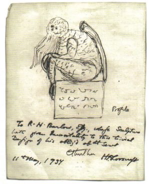 A sketch of a statuette depicting Cthulhu, drawn by his creator, H. P. Lovecraft, 1934. Resembles a human man with an octopus-like head.