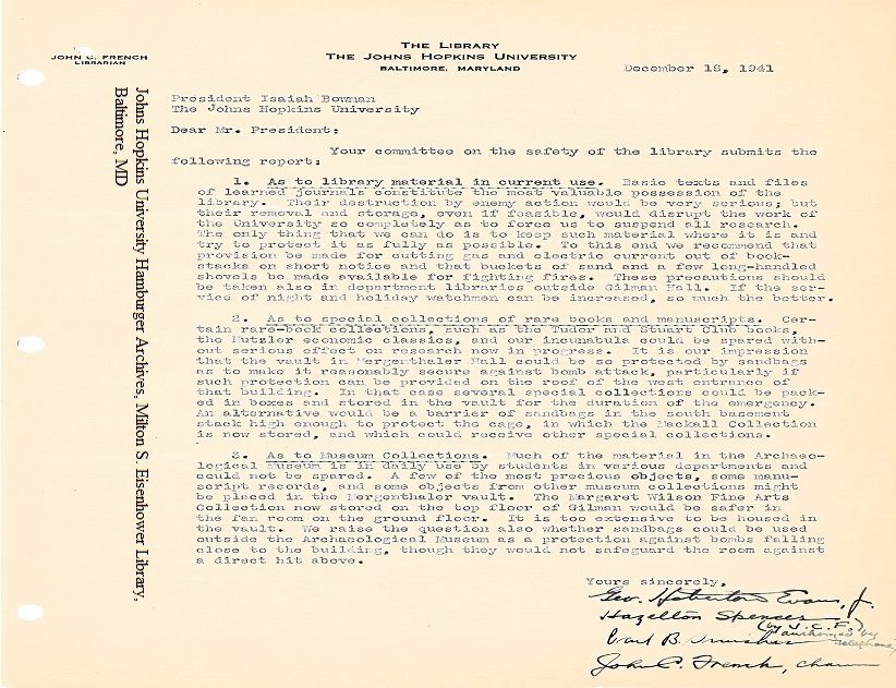 Letter from university librarian John C. French
