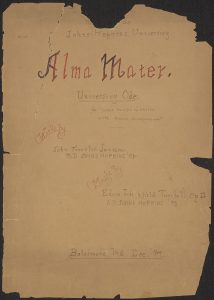 A handwritten copy of Johns Hopkins University's school song “Alma Mater"