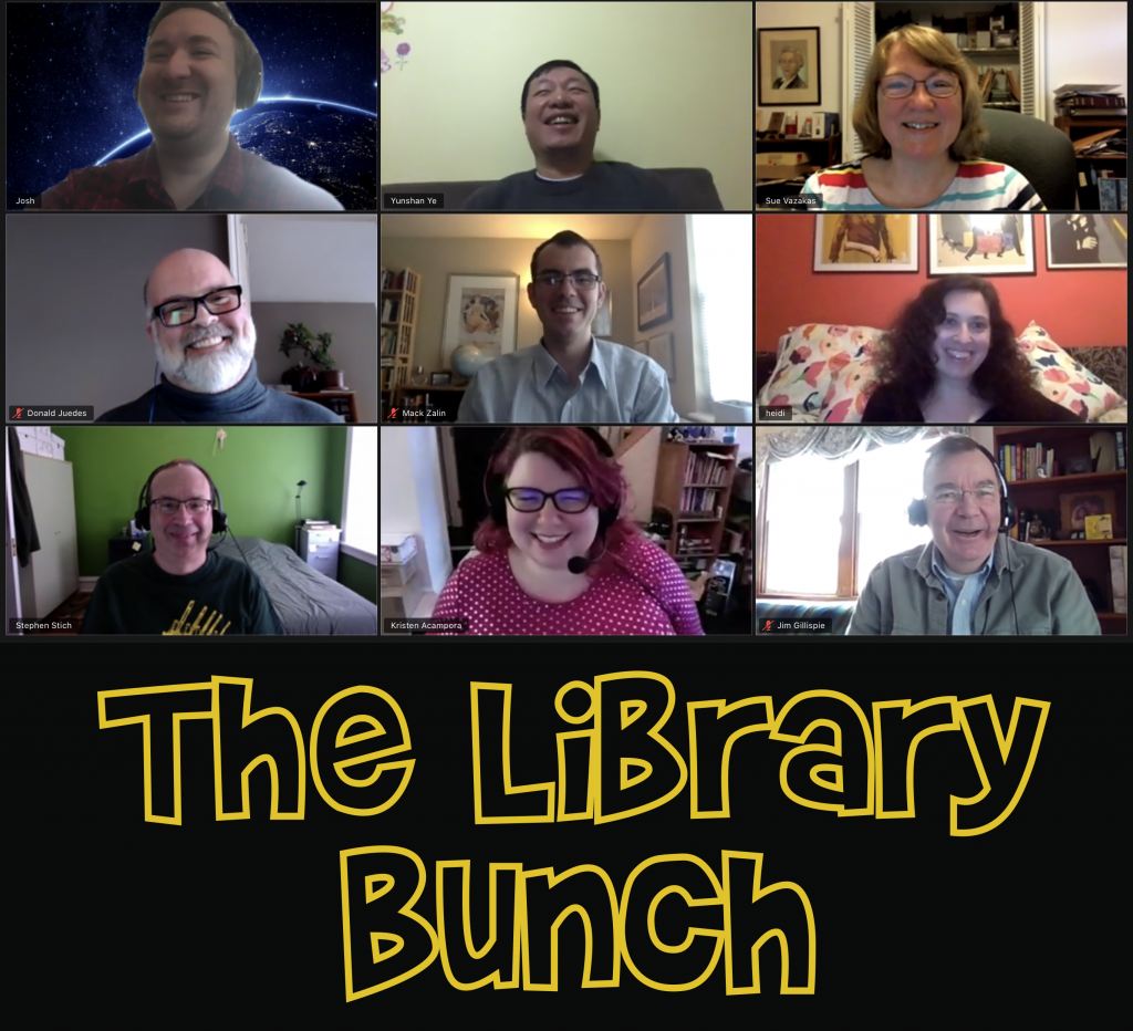 Screen capture of MSE Librarian zoom meeting with "The Library Bunch" captioned beneath