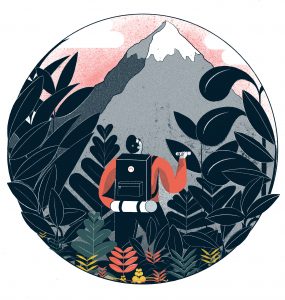 Illustration of man walking through forest towards a large mountain