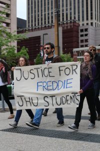 Photo citation: Arturo Holmes, “JHU for Freddie,” Preserve the Baltimore Uprising: Your Stories. Your Pictures. Your Stuff. Your History., accessed June 2, 2020, https://baltimoreuprising2015.org/items/show/1186