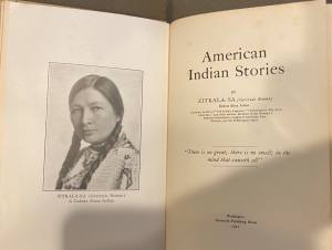 Frontispiece portrait of Zitkála-Šá, from the 1921 edition of American Indian Stories. From the Sheridan Libraries, Johns Hopkins University. Photograph by Anna Leoncio.