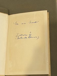 Cover and inscription of Zitkála-Šá (Gertrude Bonnin), American Indian Stories. Washington: Hayworth Publishing House, 1921. From the Sheridan Libraries, Johns Hopkins University. Photograph by Anna Leoncio.