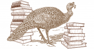 Etching-like illustration of a wild turkey surrounded by two large stacks of books