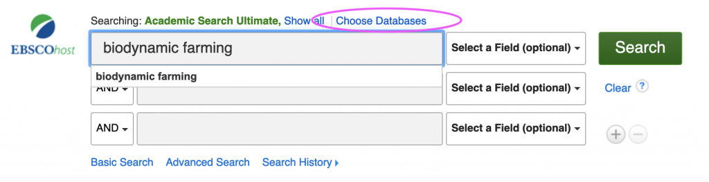 screenshot of Ebsco search indicating choose databases link