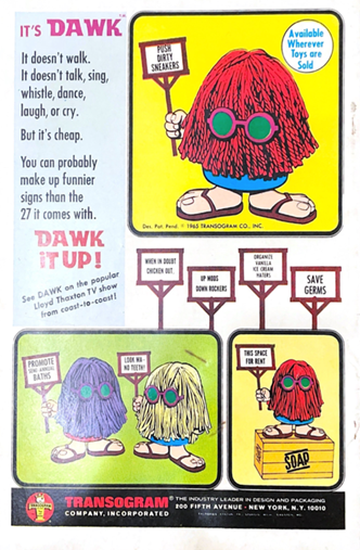 Photograph of a 1960s advertisement for a toy named Dawk.