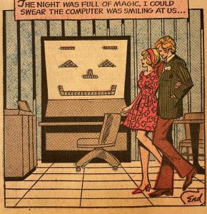 Comic book illustration of a couple walking in front of a large computer monitor.