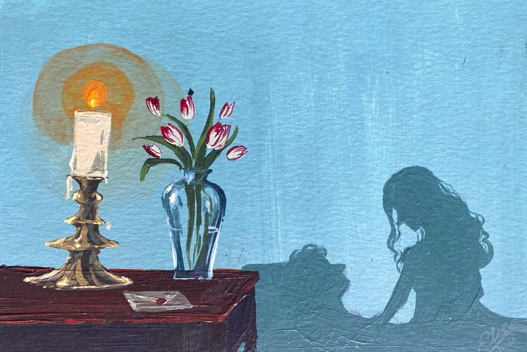 Shadow of a man and a woman next to table with lighted candle, vase of flowers, and unopened letter.