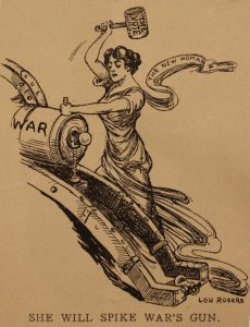Illustration by feminist cartoonist Lou Rogers showing a woman using a hammer to destroy a machine of war.