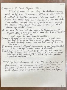 handwritten reflection of by a female physics student in the 1970s