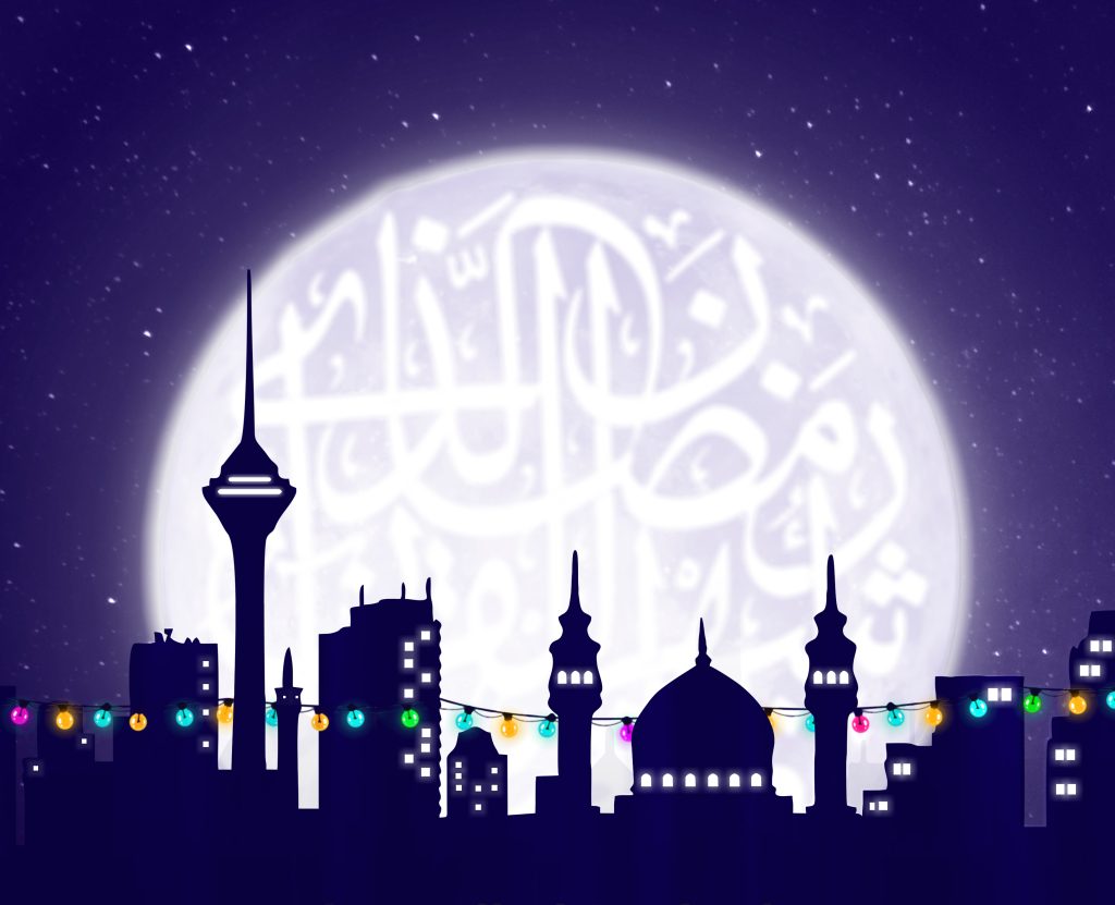City skyline of Islamic Buildings against a large white moon 