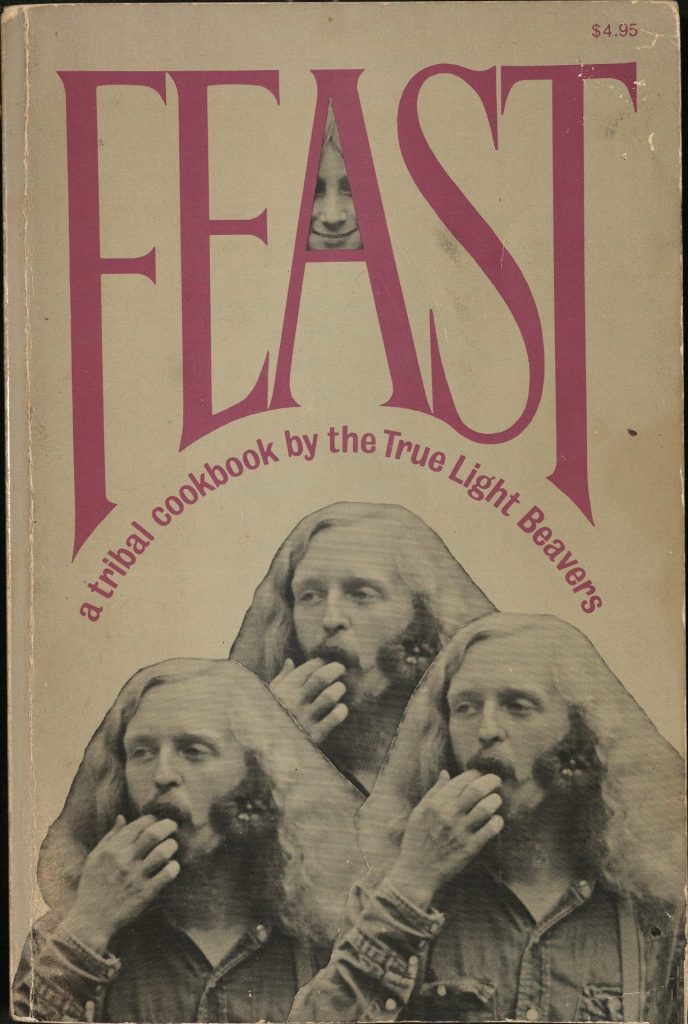 Front cover of a cookbook called Feast. Features three images of a bearded man.