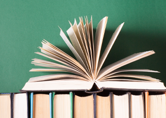 open book sitting on a lineup of books on a green background