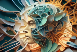 AI generated illustration of the profile of a face in the style of paper collage