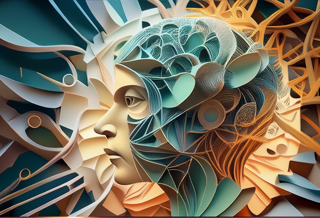 AI generated illustration of the profile of a face in the style of paper collage