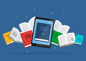 illustrated graphic on a blue background of multi colored books with a tablet featuring a drawing of a book in front