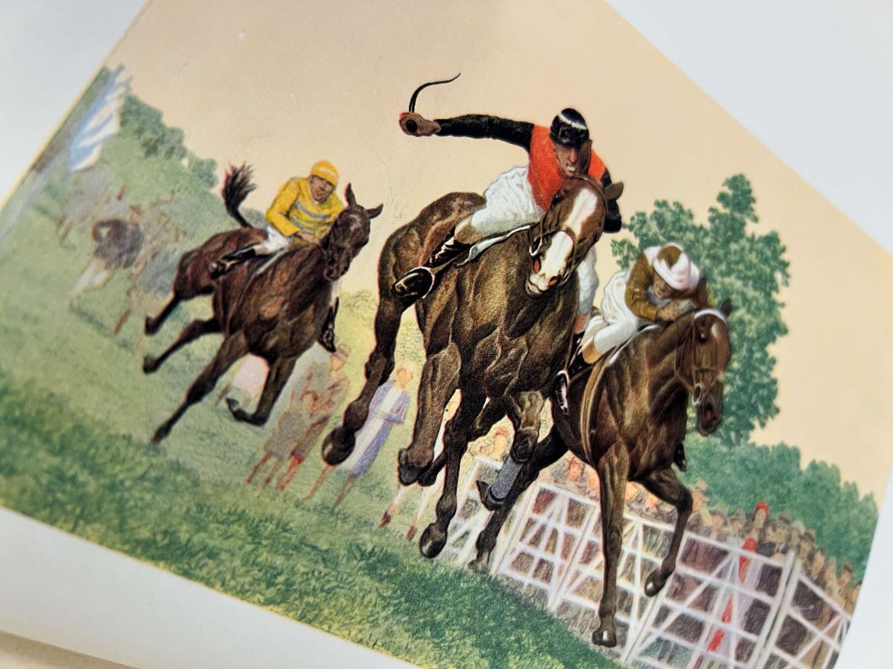 full color illustration of three bay horses racing
