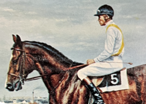 photograph of a full color painting of a bay horse with one sock and a star and snip on his face trotting in a steeplechase field