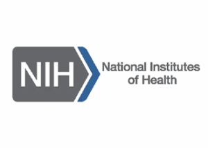 logo with the text NIH in a grey arrow with a blue line pointing toward the text reading National Institutes of Health