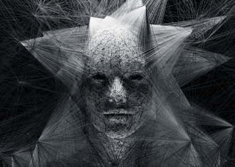 black, white, and grey human face made with thousands of strings overlapping into a facial structure