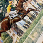 full color illustration of a bay horse jumping over water obstacle