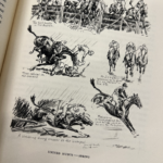 black and white illustrations of steeplechase horses jumping over obstacles