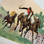 full color illustration of three bay horses racing