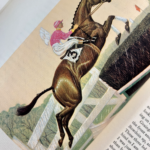 full color illustration of a bay horse jumping over a brush obstacle