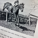 black and white photo of horse jumping over a wood and stone obstacle with writing beneath